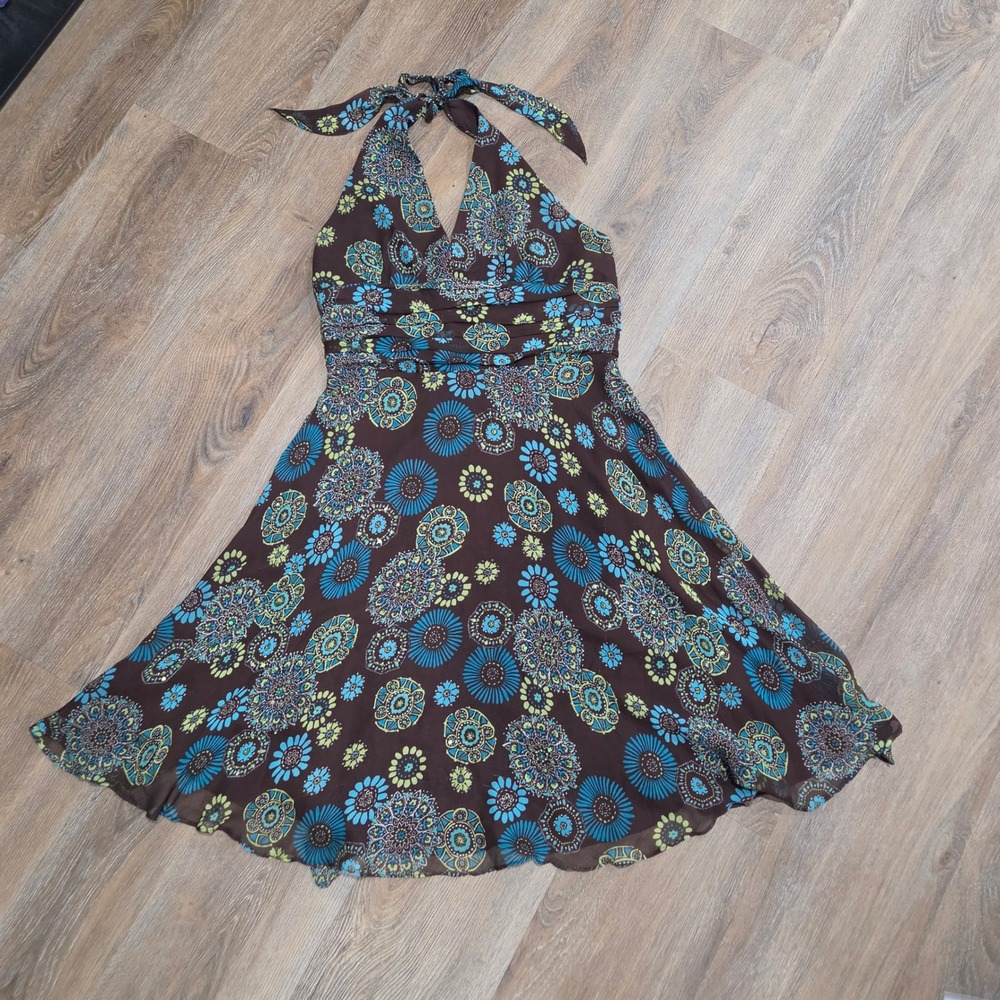 Boho Mandala Floral Sequin Halter Dress Brown Turquoise Green A-Line Summer
